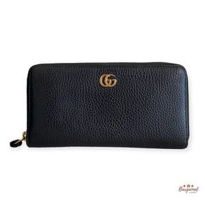 Authentic GUCCI Black Pebbled Leather Double G Metal Zip Around Long Wallet